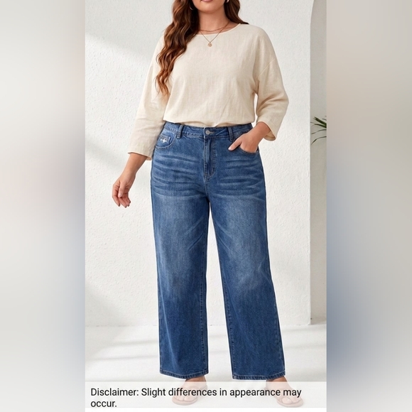 Emery Rose Denim - Emery Rose 4XL Wide Leg Blue Boyfriend Jeans - Shein Plus Size High Waisted